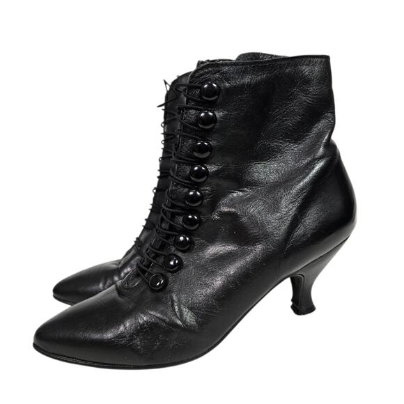 Vintage Poppies Leather Granny Boots Black Ankle Booties Pointy Kitten Heel 7.5 - Picture 3 of 16